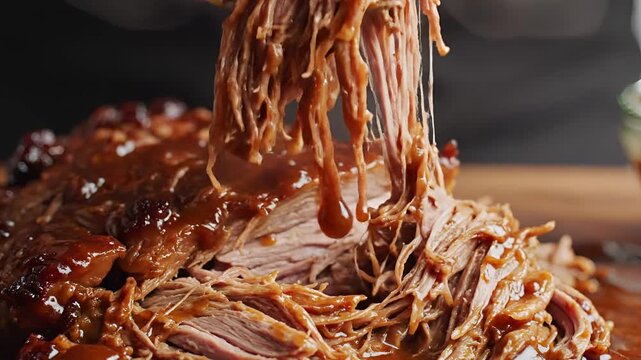 Delicious Pulled Pork Being Shredded with Forks in BBQ Sauce.