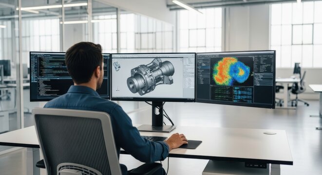 Professional Mechanical Engineer Designing Complex Components Using Advanced CAD Software and Data Analysis