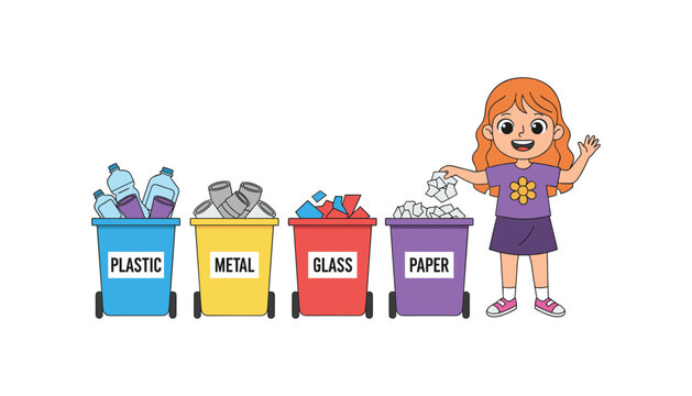 Girl sorting recyclables into colored bins outdoors