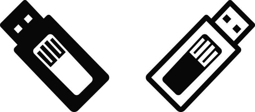 Two black and white vector icons depicting usb flash drives in different orientations