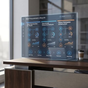 B2B procurement lifecycle dashboard displayed on a futuristic transparent glass screen on a modern office desk 3D illustration