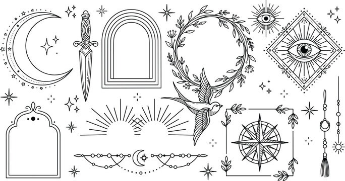 Mystical Celestial Line Art Vector Elements Set Featuring Moon Stars Dagger Evil Eye and Bird Symbols for Magical Designs Tattoo and Branding