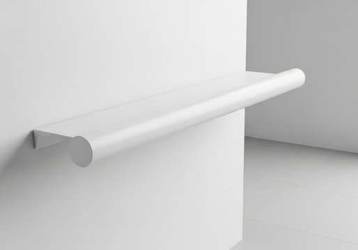 Minimalist corner shelf with cylindrical edge design isolated on white background
