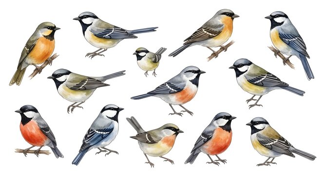 Collection of Various Colorful Birds in Flight and Perching Positions.