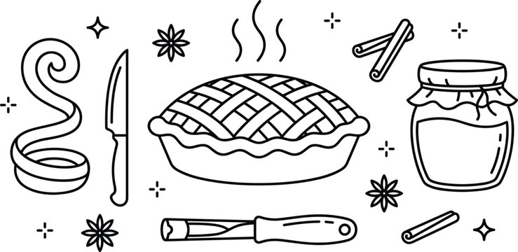 Homemade Baking Apple Pie Line Art Vector Elements Set Featuring Lattice Crust Cinnamon Sticks Jar of Jam Corer and Knife Tools for Autumn Designs
