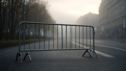 Obraz premium Metal barricade obstructs a foggy urban street, a symbol of closure, restriction, and uncertain paths forward in a muted, quiet atmosphere