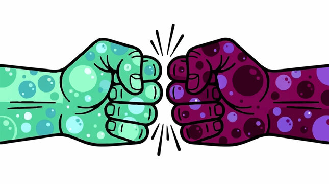 Vibrant fist bump illustration showing two colorful hands with polka dot patterns bumping together, isolated design element for teamwork, unity, agreement, and partnership concepts in vector art.