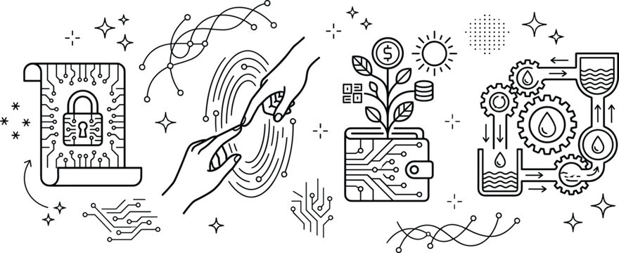 Fintech and Blockchain Ecosystem Line Art Vector Elements Set Featuring Encryption Padlock Digital Wallet Money Tree Connecting Hands and Industrial Liquidity Gears