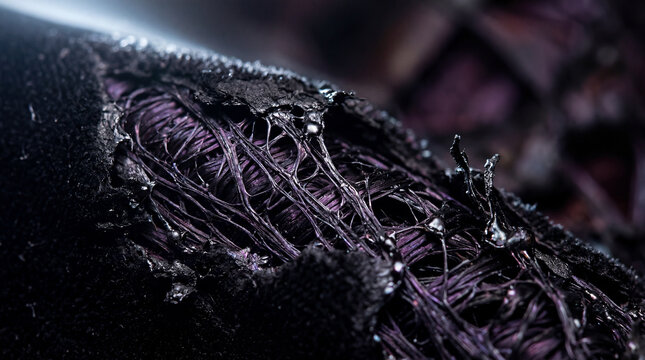 Close-up of torn black fabric revealing purple threads and melted plastic