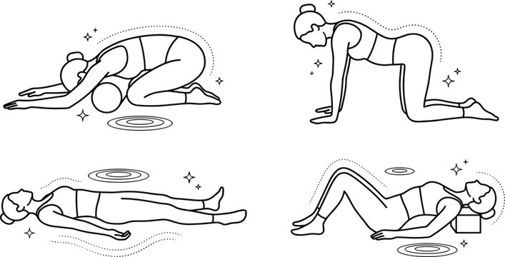 Minimalist Restorative Yoga Poses Line Art Vector Elements Set Featuring Childs Pose Savasana Corpse Pose Tabletop and Supported Fish with Celestial Star Accents for Wellness