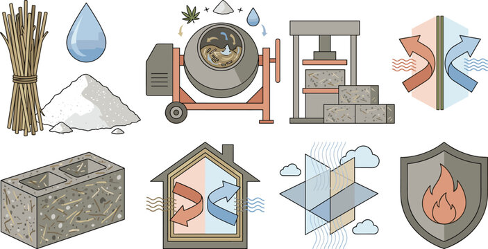 Hempcrete Sustainable Construction Material Production Icon Set with Hemp Hurd, Lime Binder, Cement Mixer, Eco Brick, Insulation, and Fireproof Properties Vector Illustration