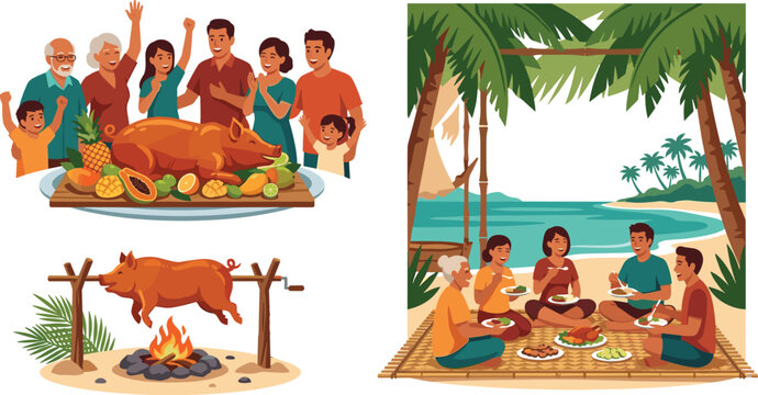 Traditional Filipino Lechon Celebration Scene Set with Big Family Gathering, Whole Roasted Pig on Spitfire, and Beach Picnic Banquet Vector Illustration
