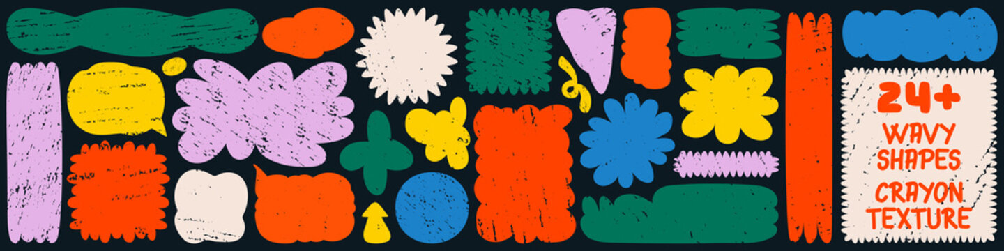 Crayon textured retro groovy banners set. Playful colored textbox shapes. Rectangle flower speech bubble cloud and irregular wavy frames, wiggly labels, tags templates. Hand drawn vector isolated