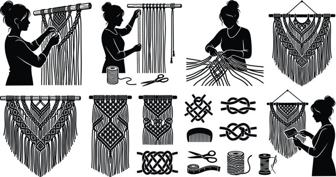 Handmade Macrame Crafting Icon Set featuring Woman Artisan Silhouette Weaving Boho Wall Hanging Decor with Knot Techniques and Tools Vector Illustration