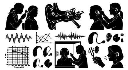 Hearing Health Icons: Audiology, Ear Care, Hearing Aids, Sound Waves, Audiogram, Medical Examination, Otology Vector Set for Healthcare and Science © Zubair