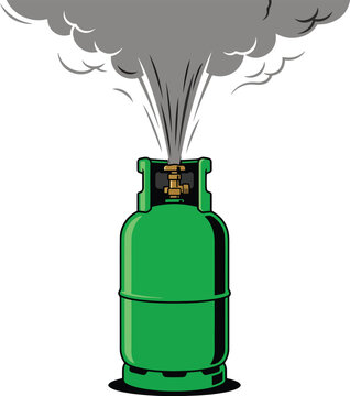 Green gas cylinder with a dangerous gas leak or smoke escaping from the top valve indicating a potential hazard industrial safety home safety explosion industrial chemical container pressure