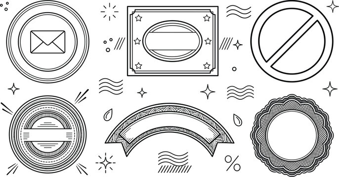 Vintage Postal Stamp Line Art Vector Elements Set Featuring Envelope Mail Icons Circular Seals Prohibited Signs and Ribbon Banners for Postmarks