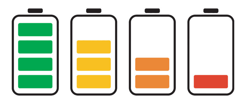 Battery levels, realistic power charge indicators showing full to empty status, digital energy meter illustration pack for interface use