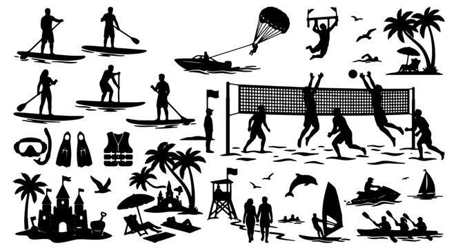Summer Beach Sports & Activities Vector Icons Set: Paddleboarding, Volleyball, Watersports, Relaxation, Tropical Silhouettes