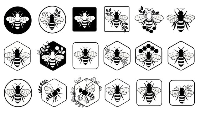 Diverse Collection of Modern Honey Bee Logos and Icons, Isolated White Background