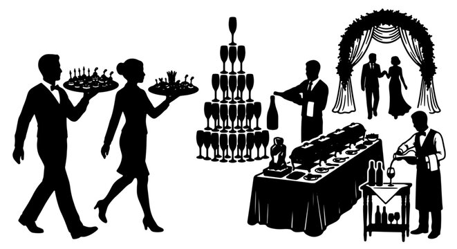 Elegant Event Service Silhouettes: Waiters Serving Canap&eacute;s, Champagne Tower, Buffet Table, Wedding Arch with Couple, Celebration Vector Icons