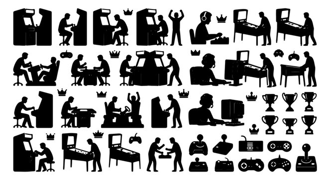 Retro Arcade Game Icons, Vintage Gaming Silhouettes, Classic Pinball Machines, Joystick Controllers, Vector Set for Entertainment and Nostalgia
