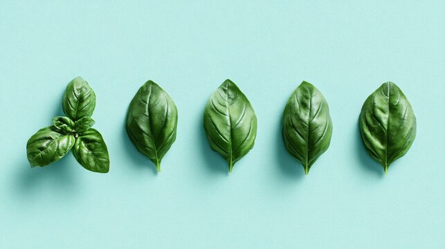 A clean editorial flat lay with basil leaves arranged neatly on a pastel mint background with modern styling