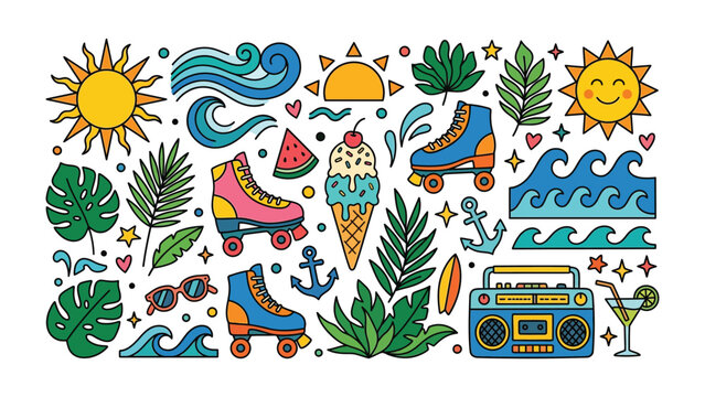 Summer Fun Collection: A vibrant and playful assortment of summer icons, including roller skates, ice cream, sunshine, waves, and tropical leaves, perfect for celebrating the joys of the season.