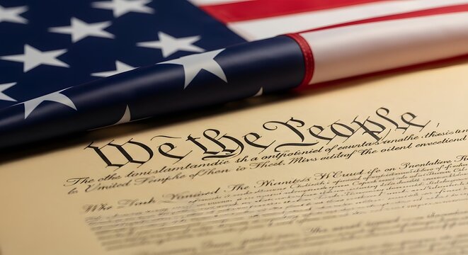 American flag over constitution document symbol of us law and freedom
