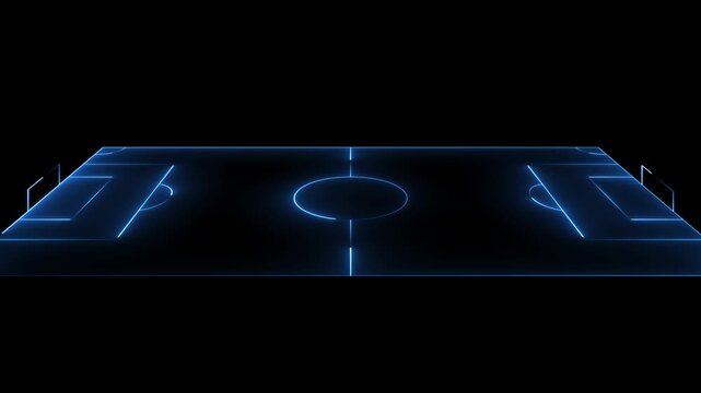 Futuristic blue neon 3d soccer field animation - cyber tech football pitch hud outline loop on black background. 4k 25fps