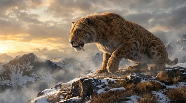 Smilodon A majestic saber-toothed tiger, a powerful predator from prehistoric times, surveys a snow-capped mountain landscape at sunrise. Its muscular body is covered in a shaggy, tawny coat.