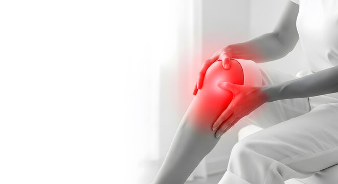 Woman holding painful knee with red inflammation spot | Orthopedic joint health and arthritis symptoms concept | Medical illustration of leg injury and chronic pain relief | Physical therapy help