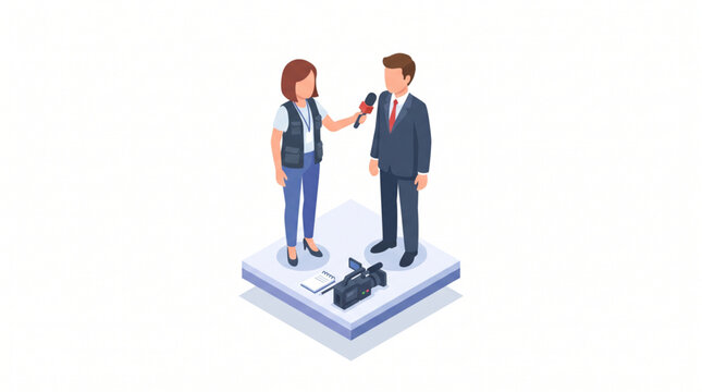 Isometric illustration of news journalist interviewing a prominent subject with a microphone and voice recorder