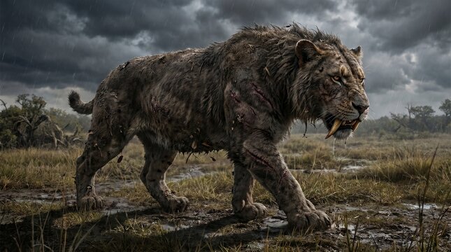 Smilodon A prehistoric saber-toothed cat prowls across a desolate grassy field under a stormy, ominous sky. Its muscular body is covered in dirt and debris, hinting at a harsh existence.