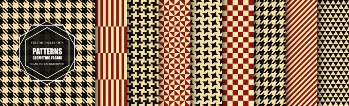 Collection of vector color seamless geometric patterns - vintage design. Trendy cloth endless prints. Repeatable fabric textures. Unusual simple textile backgrounds
