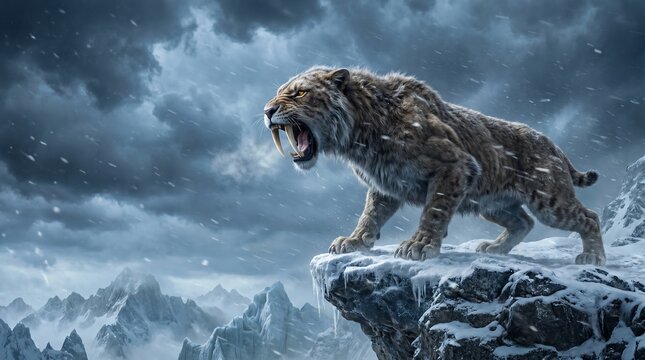 Smilodon A powerful saber-toothed tiger stands on a snow-covered cliff, roaring against a stormy sky. Its sharp fangs are bared, and its fur is thick against the cold