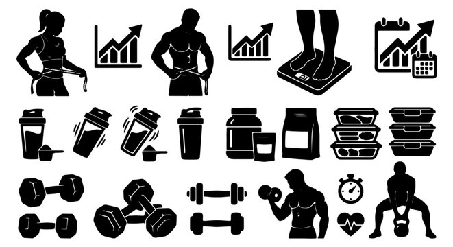 Fitness and Health Icons Set: Silhouette Figures, Dumbbells, Shakers, Scale, Calendar, Progress Charts, Nutrition Containers, Weight Loss, Bodybuilding, Workout Motivation