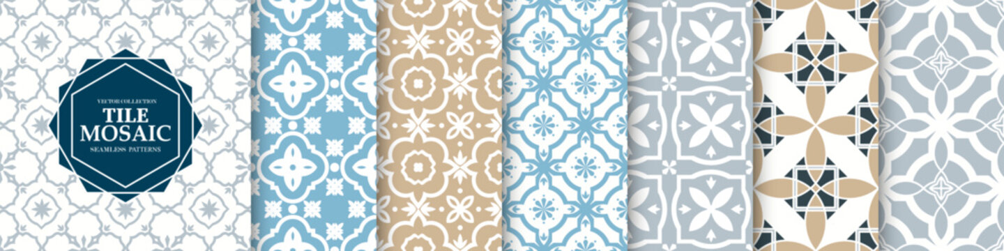 Collection of seamless bright colorful mosaic tile geometric patterns. Decorative ornamental eastern backgrounds. Vector repeatable elegant vintage prints