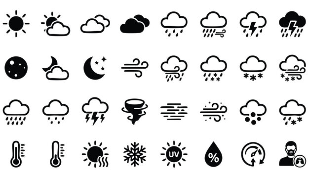Weather flat icons set. Sun, rain, thunder storm, dew, wind, snow cloud, night sky black minimal vector illustrations. Simple glyph silhouette signs for web, forecast app