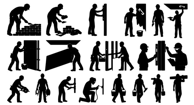 Construction Worker Silhouettes, Building Trade Icons, Renovation and Repair Actions, DIY and Professional Services Vector Set