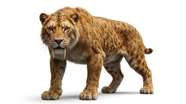 Smilodon A majestic saber-toothed tiger walks forward, showcasing its powerful build and prominent fangs. The feline predator stands on a clean background, ready to explore its surroundings