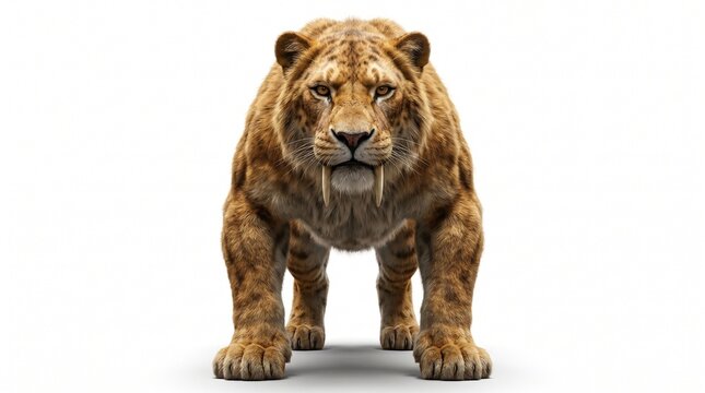 Smilodon A majestic saber-toothed tiger standing on a white background, looking intensely forward. Its powerful build, sharp fangs, and tawny fur convey a sense of primal strength and ancient ferocity