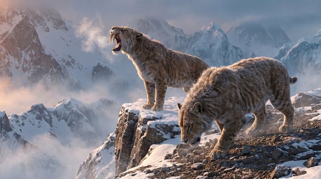 Smilodon Two saber-toothed cats standing on a snowy mountain peak, one roaring and the other sniffing the ground. The scene is dramatic and evokes a sense of power and survival