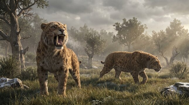 Smilodon A pair of saber-toothed cats roam a prehistoric landscape under a dramatic sky
