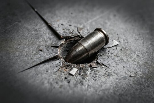 Bullet penetrates metal sheet creating fractured hole. Impacted plate shows damage, debris. Macro shot displays bullet casing stuck inside shattered steel surface, indicating strong force,