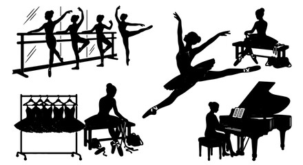 Ballet Dancer Silhouettes Collection, Elegant Poses and Studio Scenes, Vector Graphics for Performance and Art © Farid