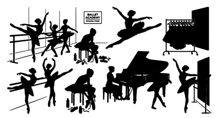 Ballet Academy Silhouettes: Diverse Dancers, Grand Piano, Barre Exercises, Performance Preparation, Elegant Movement Set © Farid