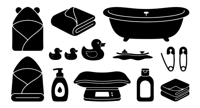 Baby Bath Time Icons, Newborn Care Essentials, Infant Hygiene Symbols, Toddler Hygiene Accessories, Cute Rubber Duck Toys, Safety Pins, Towels, Bathtub, Lotion Bottle, Baby Scale, Shower Gel
