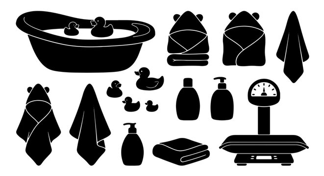 Baby Bath Time Icons, Rubber Ducks, Hooded Towels, Bathtub, Soap Dispensers, Scale, Black Silhouette Vector Elements for Nursery and Hygiene