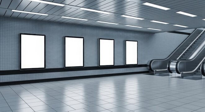 Modern subway station corridor with empty billboard frames for advertising and escalator access
